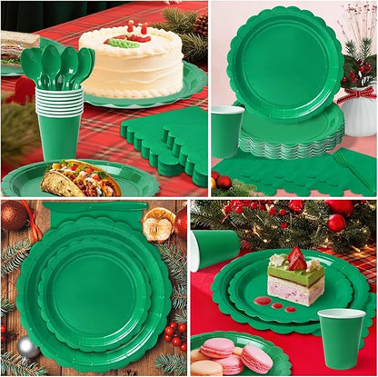 Vyntra 350 PCS Disposable Plates for Party, Paper Plates & Napkins Set with Cups, Knives, Forks, Spoons, 7'' Dessert and 9'' Dinner Plates for Birthday, Christmas, St. Patrick's Day - Green