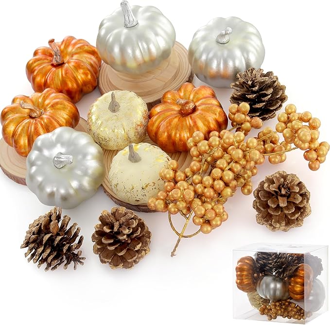 Artgar Pumpkin Decor - Halloween Pumpkin Set - 14 PCS Fall Decor Set - Including Mini Pumpkins, Pinecones, Foam Berries for Home DIY Table Centerpieces Fall Halloween Thanksgiving Filler Decor