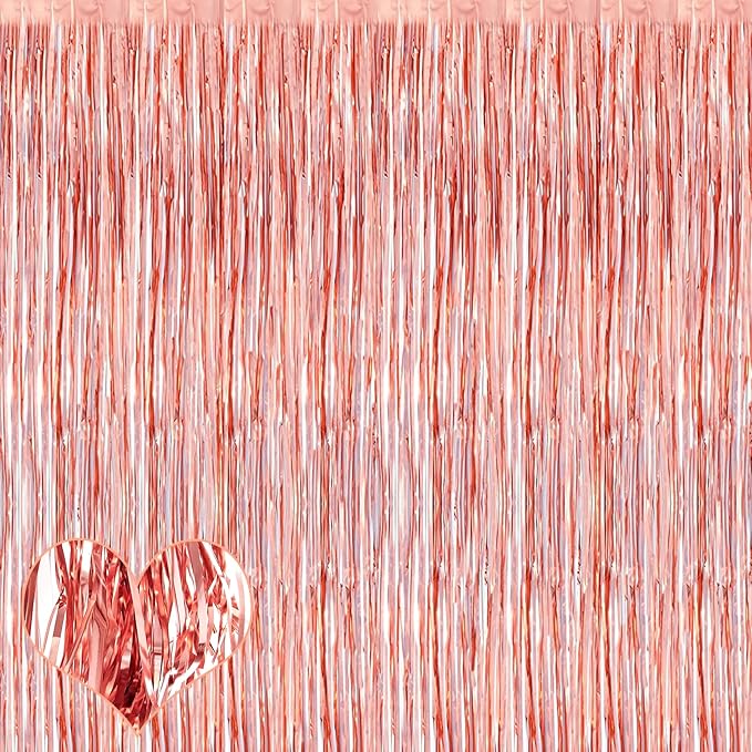 4 Pack Rose Gold Fringe Curtain Backdrop, 3.2Ft x 8.2Ft Metallic Tinsel Foil Fringe Streamers Background for Photo Booth Birthday Wedding Baby Shower Carnival Easter Mother’s Day Party Decorations