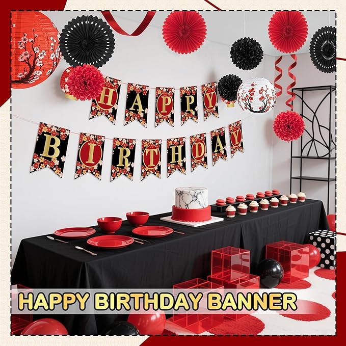 14Pcs Hibachi Party Decorations, Japanese Lanterns with Cherry Blossom Patterns Tissue Paper Pom Poms Round Paper Fans Happy Birthday Banner Set for Hibachi Japanese Party Decorations