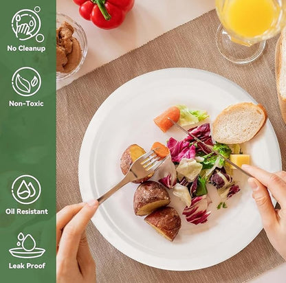 Round Compostable Plates, Disposable Sturdy, Sugarcane Biodegradable, Microwave Freezer Safe for Parties, Weddings, Events (8 Inch, 125, Count)