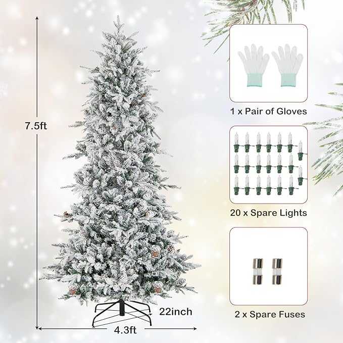 GOFLAME 7.5FT Pre-Lit Christmas Tree Snow Flocked, Hinged Artificial Xmas Tree with 1107 Branch Tips, 47 Natural Pine Cones, 350 Warm White Incandescent Lights, Holiday Decoration Tree for Home Office
