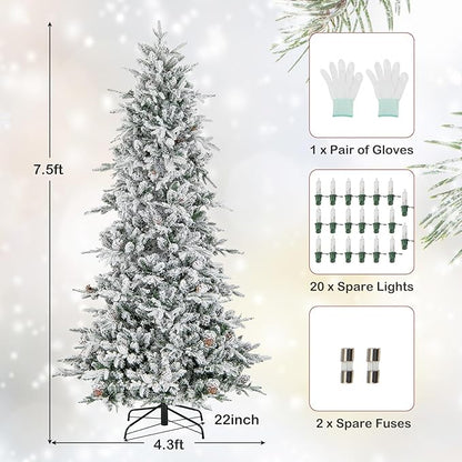 GOFLAME 7.5FT Pre-Lit Christmas Tree Snow Flocked, Hinged Artificial Xmas Tree with 1107 Branch Tips, 47 Natural Pine Cones, 350 Warm White Incandescent Lights, Holiday Decoration Tree for Home Office