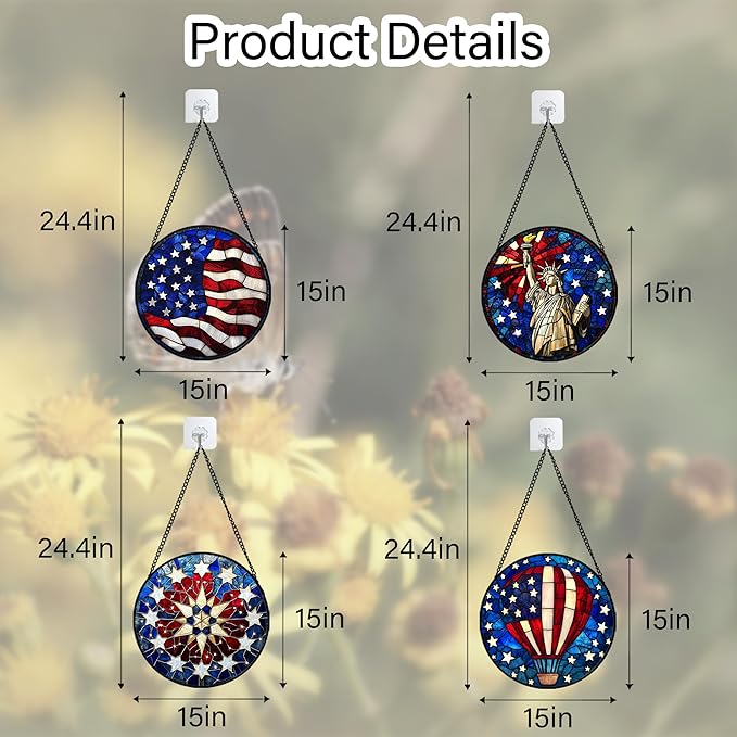 Stained Glass Window Hanging 4 Pcs Set Red Blue Flag Freedom Theme Large 15" - Suncatcher Door Garden Sun Catcher Decor Birthday Christmas for Mom Woman Nana Men Friend