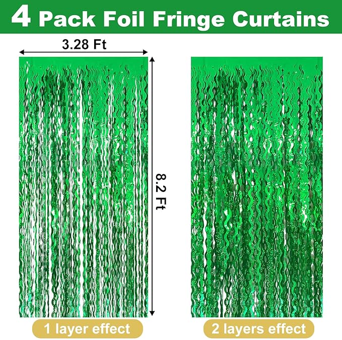 4 Pack Green Fringe Curtain Backdrop 3.2Ft x 8.2Ft Metallic Tinsel Foil Fringe Streamers Background for Photo Booth, Easter, Mother's Day, Bachelorette, Wedding, Birthday Party Decoration