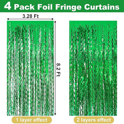 4 Pack Green Fringe Curtain Backdrop 3.2Ft x 8.2Ft Metallic Tinsel Foil Fringe Streamers Background for Photo Booth, Easter, Mother's Day, Bachelorette, Wedding, Birthday Party Decoration