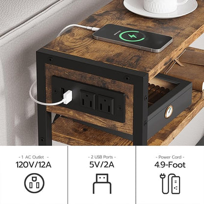 Narrow Side Table, Slim End Tables with Fabric Basket, Skinny Table for Small Spaces, Thin Bedside Table for Living Room, Bedroom (1, Rustic Brown - Outlet)