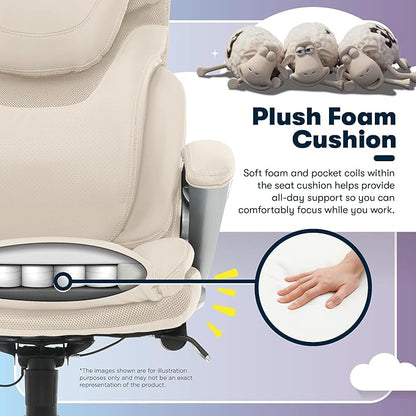 Serta Bryce Executive Office Chair - Ergonomic Computer DeskChair with Lumbar Technology - Adjustable Height - Memory Foam Body Pillows - 360° Swivel Rolling Base - Bonded Leather - Cream