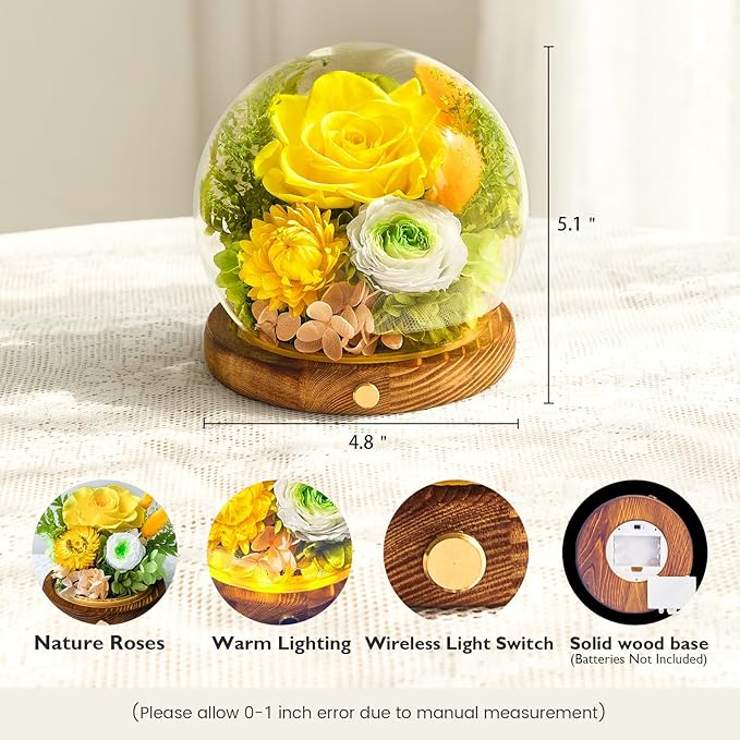 Forever Flowers for Delivery Prime, Preserved Rose in Glass Dome, Gifts for Women Birthday, Long-Lasting Flowers for Mom Wife Grandma Valentine's Day Mother's Day Christmas Anniversary, Yellow