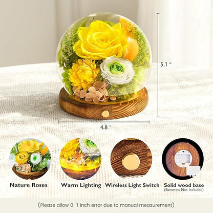 Forever Flowers for Delivery Prime, Preserved Rose in Glass Dome, Gifts for Women Birthday, Long-Lasting Flowers for Mom Wife Grandma Valentine's Day Mother's Day Christmas Anniversary, Yellow