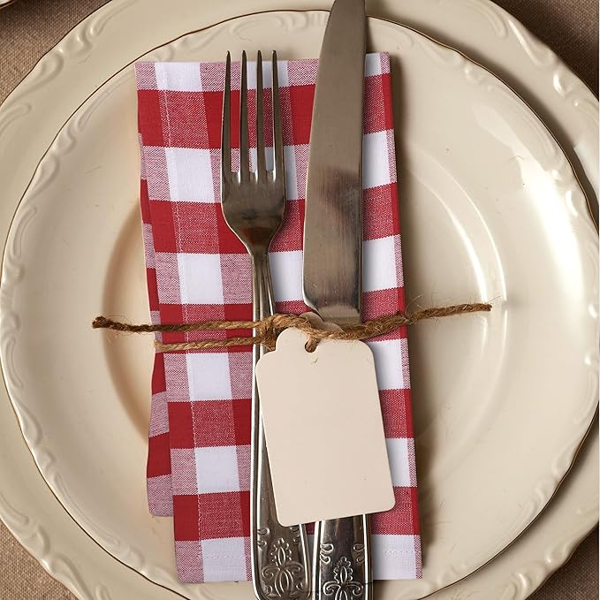 Urban Villa Cloth Napkins Set of 12 20x20 Inches 100% Cotton Napkins Cloth Washable Durable Reusable Absorbent Table Dinner Napkins Cloth for Christmas Hotel Lunch Restaurant Parties- Red White