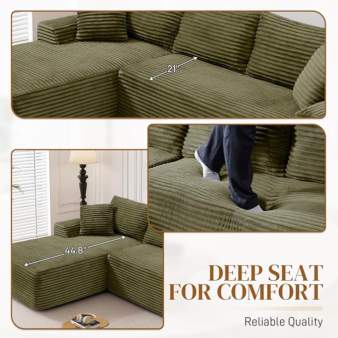 95" L Shaped Boneless Sectional Couches, Wide Armrest, Deep Seat, Memory Foam, Assembly Free, Modern Comfy Corduroy Fluffy Cloud Sofa with Left Chaise for Living Room, Small Spaces, Green
