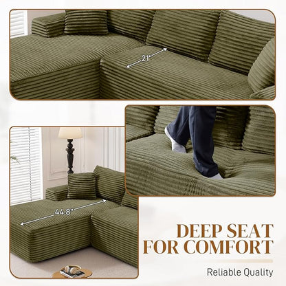 95" L Shaped Boneless Sectional Couches, Wide Armrest, Deep Seat, Memory Foam, Assembly Free, Modern Comfy Corduroy Fluffy Cloud Sofa with Left Chaise for Living Room, Small Spaces, Green