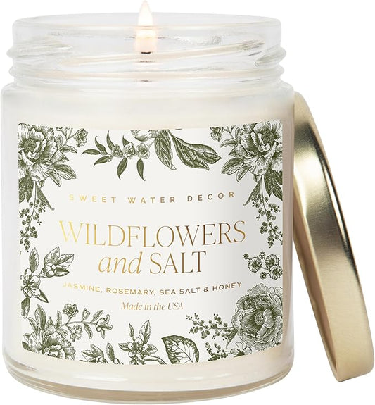 Sweet Water Decor Wildflowers and Salt Patterned Candle – Soy Candles with Rosemary, Lily, Honey, Violet, Amber, Musk Aroma– 40 Hour Burn – 9oz Clear Glass Jar – Ideal for Valentines Presents
