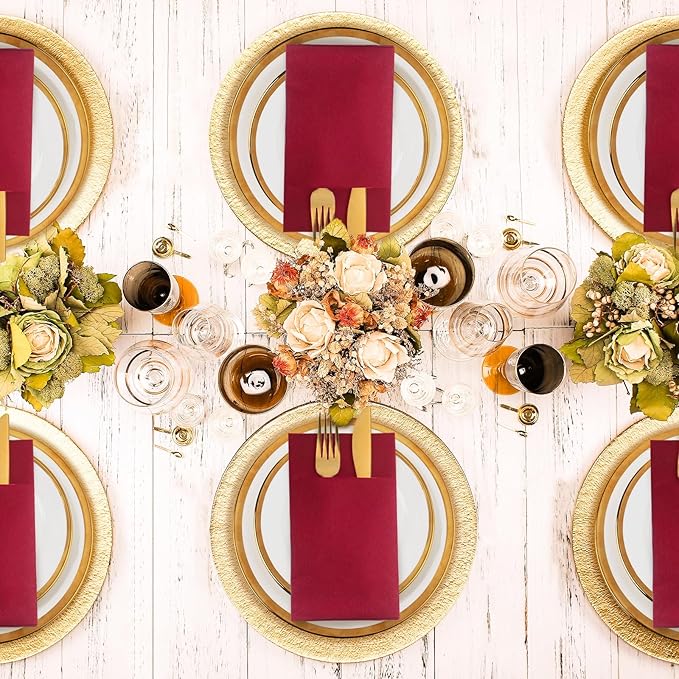 KAMMAK Burgundy Napkins Disposbale Wine Red Cloth like Paper Dinner Napkins with Pocket 100 Pack Guest Hand Towel for Party Decoration, Wedding Reception, Bathroon, Restaurant (16.5 x 16.5 inch)