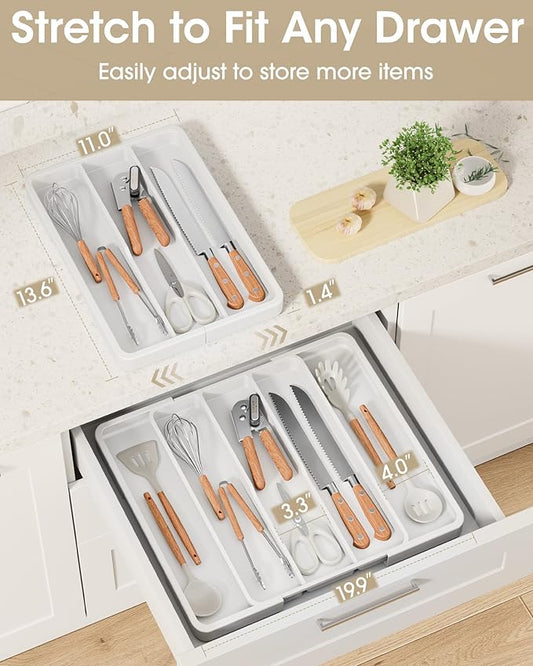 Aujen Silverware Organizer - Expandable Kitchen Drawer Organizer, Adjustable Utensil Organizer, Cutlery Tray for Forks, Knives, Multipurpose Kitchen Organizers and Storage Solution, White, X-Large