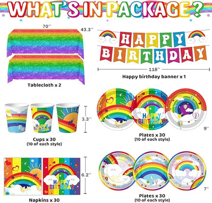 Rainbow Birthday Party Supplies Rainbow Theme Party Decorations for Boy, Include Tablecloth Banner Plate Napkin Cups