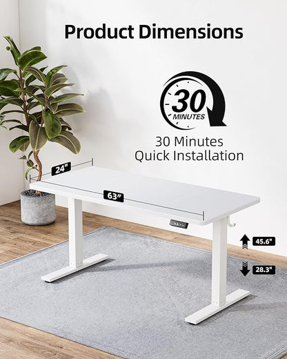 TIQLAB Standing Desk 63 x 24 inch, Electric Height Adjustable with Splice Board, Sit Stand Desk, for Home Office, White