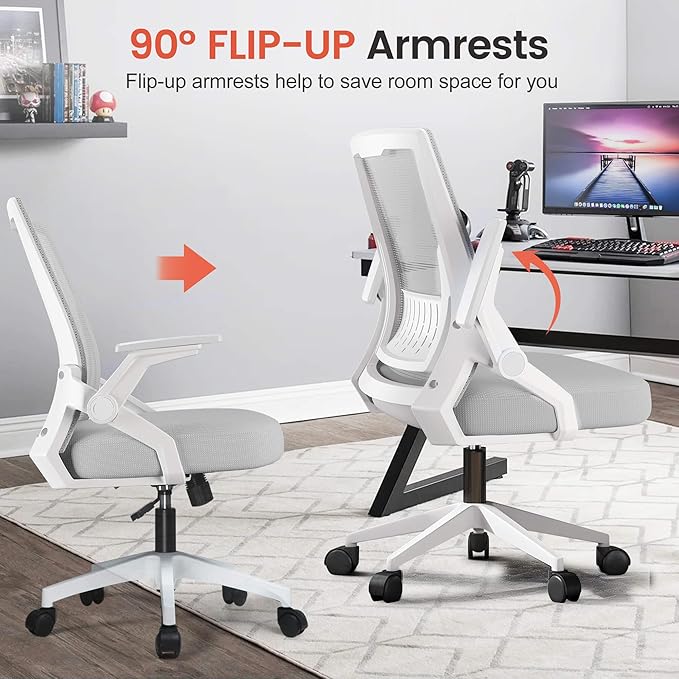 GTPLAYER Ergonomic Office Chair with Flip-up Armrests Executive Computer Chair for Home Office, Breathable Mesh & Comfy Lumbar Support, Wide Seat Gray