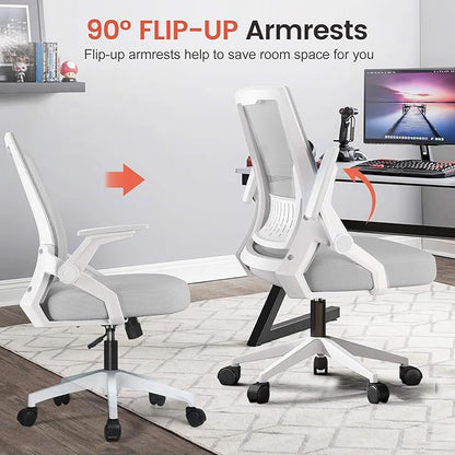 GTPLAYER Ergonomic Office Chair with Flip-up Armrests Executive Computer Chair for Home Office, Breathable Mesh & Comfy Lumbar Support, Wide Seat Gray
