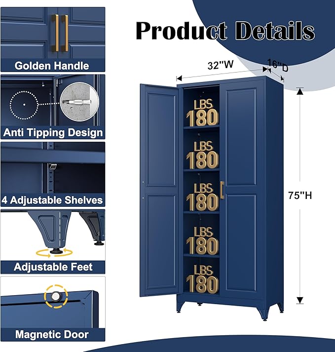 Kitchen Pantry Cabinet,75”Blue Metal Storage Cabinets with Doors and 4 Adjustable Shelves,Kitchen Cabinet with 2 Gold Handles,Tall Cabinet for Livingroom,Pantry, Bathroom