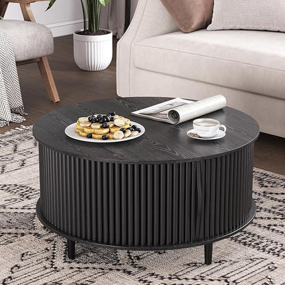 Black Round Coffee Table with Storage, 31.5" Fluted Center Table with Sliding Door, Modern Circle Drum Accent Table for Living Room, Sleek Wood Furniture for Small Spaces & Apartments
