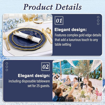 Hioasis 350pcs Blue and gold Plastic Plates - Blue Plastic Dinnerware Set Includes 50 Dinner Plates, 50 Dessert Dinnerware, 50 Cups, 50 Rolled Napkin Cutlery Perfect for Wedding & Christmas