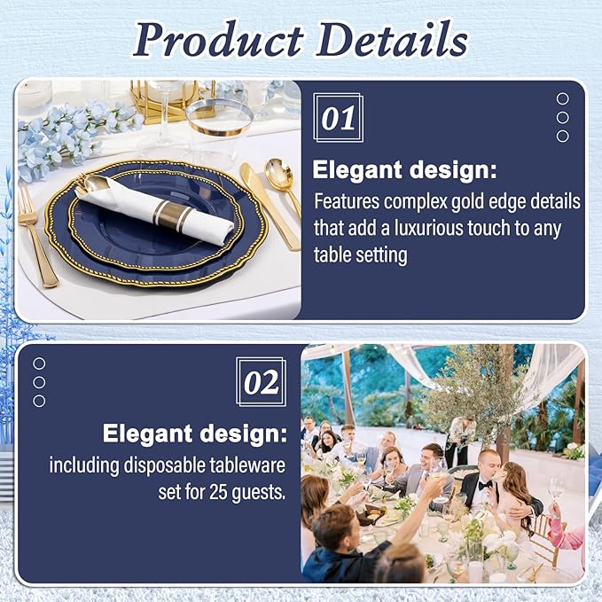 Hioasis 175pcs Blue Gold Plastic Plates - Gold Plastic Dinnerware Set Includes 25 Dinner Plates, 25 Dessert Dinnerware, 25 Cups, 25 Napkins Perfect for Christmas & Party