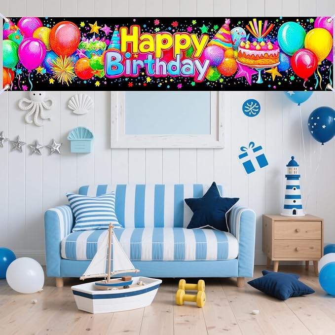 Nuxovilar Happy Birthday Banner Decorations 17.72x78.74 Inch Colorful Party Theme - Polyester for Indoor Outdoor Birthday Party Decor