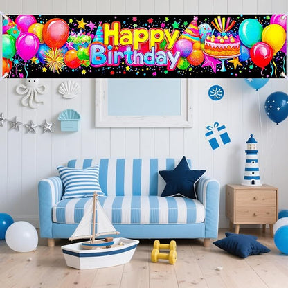 Nuxovilar Happy Birthday Banner Decorations 17.72x78.74 Inch Colorful Party Theme - Polyester for Indoor Outdoor Birthday Party Decor