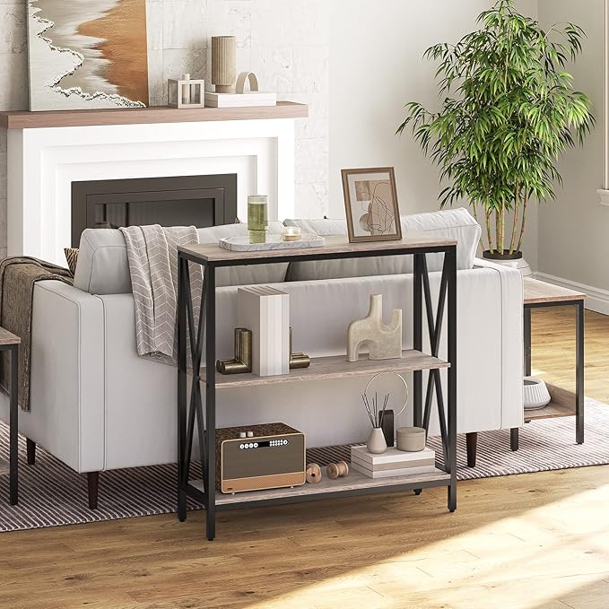 Sofa Table, Industrial Console Table, 3-Tier Narrow Side Table with Open Shelves, Foyer Table for Entryway, Hallway, Kitchen, Living Room and Bedroom, Easy Assembly, Greige CTHG8001Z1