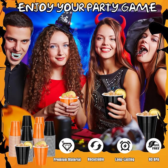 KesaPlan 100 PCS 12 OZ Halloween Fall Plastic Cups for Party, Disposable Black & Orange Cups, Graduation Drinking Cup Bulk for Snack Juice, Halloween Thanksgiving Wedding Birthday Theme Party