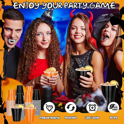 KesaPlan 100 PCS 12 OZ Halloween Fall Plastic Cups for Party, Disposable Black & Orange Cups, Graduation Drinking Cup Bulk for Snack Juice, Halloween Thanksgiving Wedding Birthday Theme Party