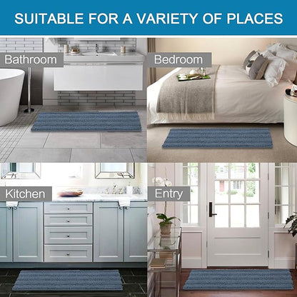 H.VERSAILTEX Bath Rugs for Bathroom Non Slip Bath Mats Thick Chenille Striped Bath Rug Runners 47" x 17" Absorbent Fluffy Soft Shaggy Mats Dry Fast Plush Area Carpet for Bath Room - Blue Indigo