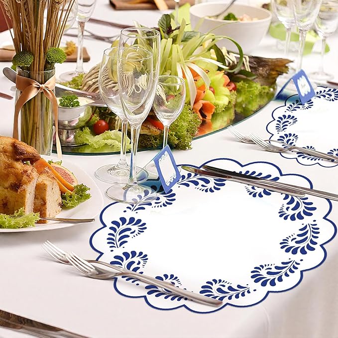 100 Pcs Talavera Paper Placemats 13.5 Inches Scalloped Cantaritos De Barro Mexicanos Paper Placemats Disposable Blue and White Party Decorations for Mexican Wedding Baby Shower Party Decor