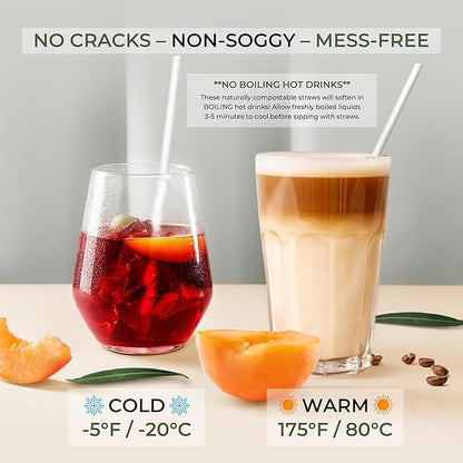 Biodegradable Bamboo Fiber Straws | 300 Count, 100% Compostable, Plastic-Free, Eco-Friendly Drinking Straw | 7.8'' Plant Fiber Disposable Straws, White Straw | Durable for Warm & Cold Drinks