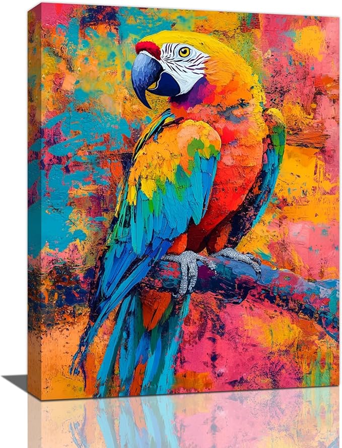 Parrot Wall Art, Graffiti Parrot Pictures Wall Decor, Colorful Birds Canvas Prints, Banksy Animal Painting, Framed Artwork for Bathroom Living Room Bedroom Office Dining Room 20"X16"
