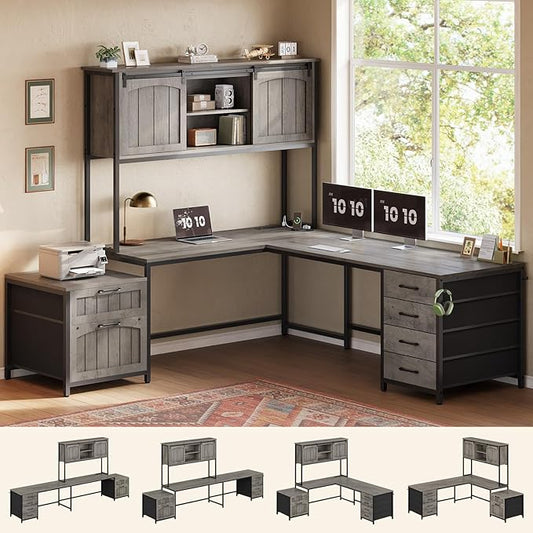 SEDETA Farmhouse L Shaped Office Desk with 6 Drawer, Reversible Computer Desk with Power Outlet, Hutch for Home Office/Two Person, Corner Desk with File Drawer & Printer Storage Shelves, Grey