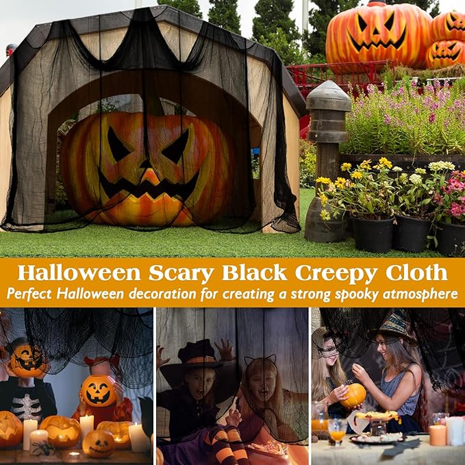 Halatool 85 X 400 in Halloween Creepy Cloth, Black Spooky Cheesecloth Scary Hanging Gauze Decor for Halloween Party Supplies Haunted Houses Windows Doorways Indoors & Outdoors