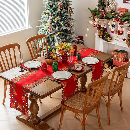 Joyfol Day Christmas Red Flowers Table Runner 14 x 86 Inch, Cutwork Embroidered Florals Table Runners, for Xmas Holiday Winter Festival Kitchen Dining Tabletop Decoration