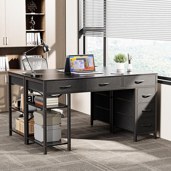 Huuger Computer Desk with 6 Drawers, Office Desk with Shelves, Reversible Gaming Desk, Corner Desk with Storage, Work for Home Office, Study, Living Room, 47inch, Black