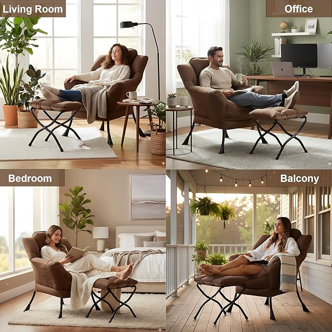 LITA Lazy Chair with Ottoman, Modern Accent Leisure Upholstered Sofa Chair, Contemporary Lounge Reading Chairs with Armrests and a Side Pocket for Living Room, Bedroom & Small Space, Dark Brown