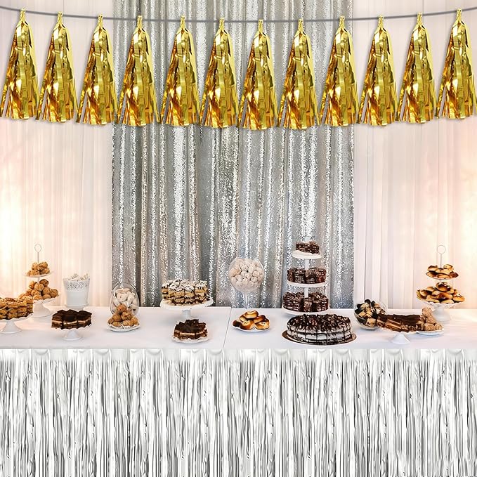 3P Gold Tassel Banner Garland Metallic Foil Fringe Banner Tinsel Tassels Streamer Banner Backdrop for Parade Floats, 2025 Graduation Decorations, Wedding Party Decoration