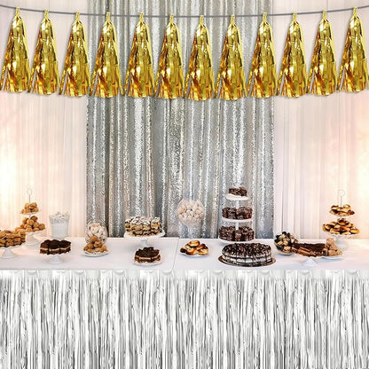 3P Gold Tassel Banner Garland Metallic Foil Fringe Banner Tinsel Tassels Streamer Banner Backdrop for Parade Floats, 2025 Graduation Decorations, Wedding Party Decoration