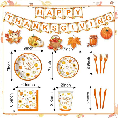 123PCS Autumn Party Supplies for Thanksgiving Themed Fall Pumpkin Decoration Tableware Set with Tablecloth and Banner Leaves Harvest Dessert Plates Napkins Cups Hanging Swirl Set for 20 Guests