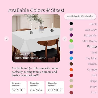 White Tablecloth, 100% Cotton, Tabletop 52x70 Inch, Fits 4-6 Seats, Durable, Washable, Rectangle Table Cloth for Dining, Weddings, Holiday Celebrations, Elegant Décor, All Seasons