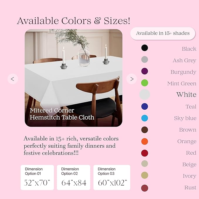 White Tabletop Tablecloth, 60x86 Inch, 100% Cotton, Fits 6-8 Seats, Washable, Soft, Durable, Wrinkle Resistant, Rectangle Table Cover for Dining, Weddings, Holiday Celebrations