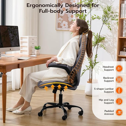 Office Desk Chair, Ergonomic Computer Chair with Padded Flip-Up Arms and Adjustable Lumbar Support, PU Leather Executive Chair with Tilt Lock and 360° Swivel Rolling Wheels for Work, Study