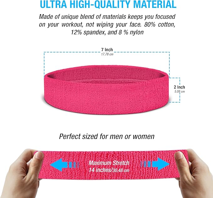 Suddora Workout Headband for Men and Women, Moisture-Wicking Athletic Sweatband, Lightweight Cotton Terry Cloth Bands for Basketball, Tennis, Football, Gym, Running, Cosplay & Costumes