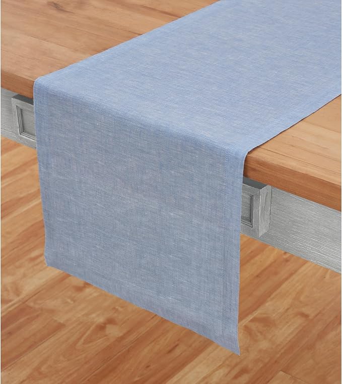 Solino Home Linen Table Runner 48 Inches - 100% Pure Linen Chambray Blue Table Runner 14 x 48 Inch Ideal for Dresser and Coffee Tables - Athena - Christmas, Winter